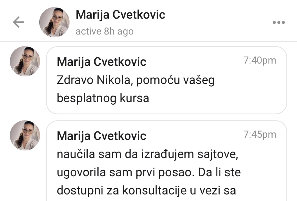 Polaznica javlja da je uz besplatan kurs naučila da pravi sajtove i ugovorila prvi posao